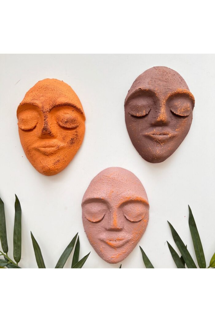 El Yapımı Yüz Heykeli Taş Duvar Dekoru 3'li Set, Modern Tasarım, Eskitme Taş Görünümlü Duvar Mask - Görsel 1