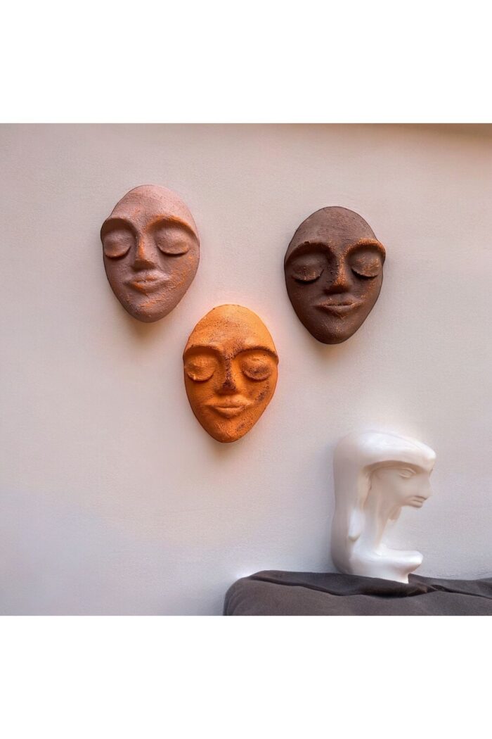El Yapımı Yüz Heykeli Taş Duvar Dekoru 3'li Set, Modern Tasarım, Eskitme Taş Görünümlü Duvar Mask - Görsel 2