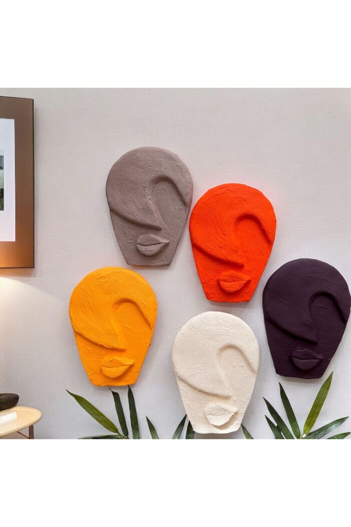 Soyut Tasarım El Yapımı Duvar Dekoru Renkli Taş Maske BÜYÜK 5'li Set, Dekor Mask, 3D Duvar Heykeli - Görsel 1