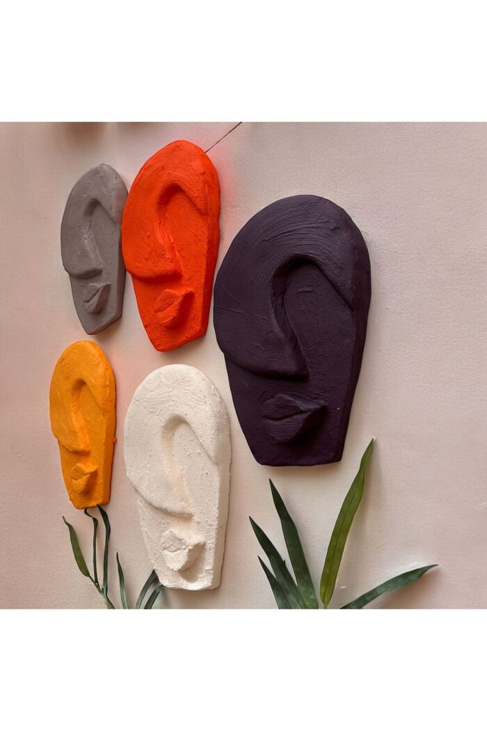 Soyut Tasarım El Yapımı Duvar Dekoru Renkli Taş Maske BÜYÜK 5'li Set, Dekor Mask, 3D Duvar Heykeli - Görsel 4