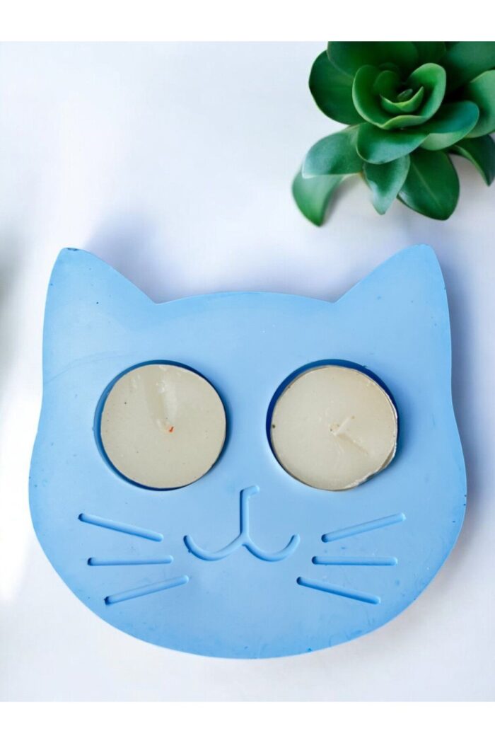Mavi Kedi Şekilli Beton Mumluk - El Yapımı Dekoratif Çay Işığı tealight Mumluk - Minimalist Kedi Te - Görsel 1