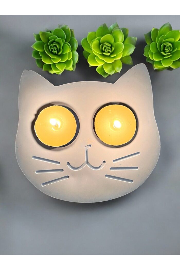 Mavi Kedi Şekilli Beton Mumluk - El Yapımı Dekoratif Çay Işığı tealight Mumluk - Minimalist Kedi Te - Görsel 2