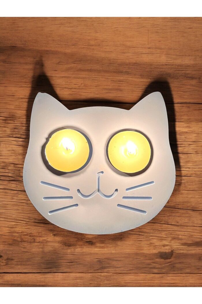 Mavi Kedi Şekilli Beton Mumluk - El Yapımı Dekoratif Çay Işığı tealight Mumluk - Minimalist Kedi Te - Görsel 6