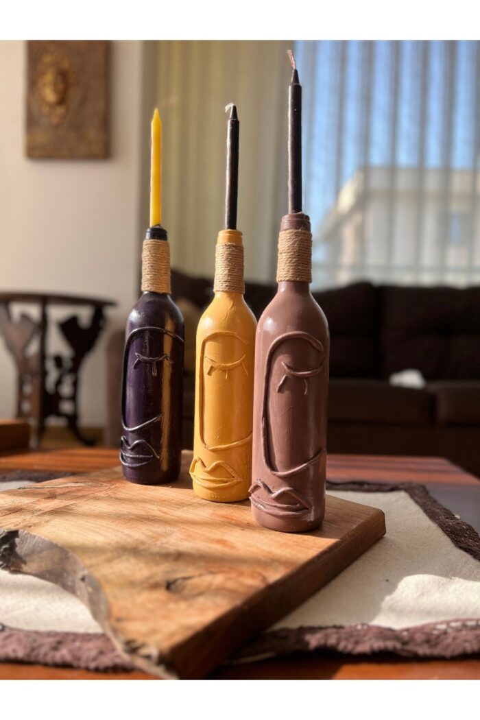 El Yapımı Cam Şarap Şişesi Dekorasyonları 3'lü Set, Soyut Desenli Şişeler, Ev dekoru, Bar dekoru - Görsel 5