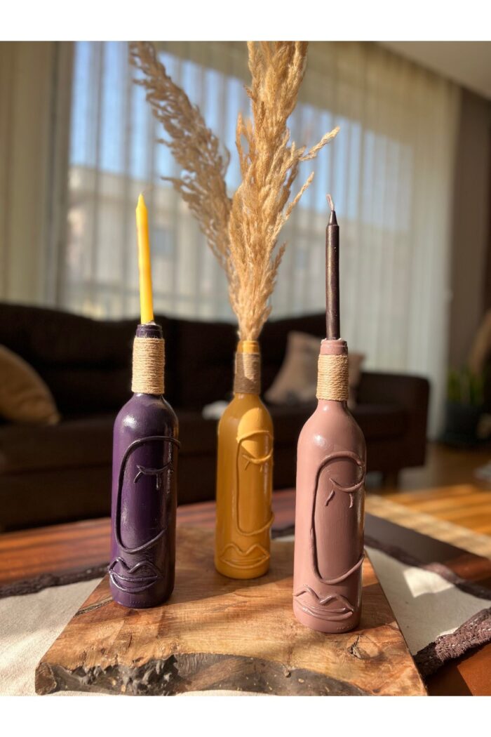 El Yapımı Cam Şarap Şişesi Dekorasyonları 3'lü Set, Soyut Desenli Şişeler, Ev dekoru, Bar dekoru - Görsel 7