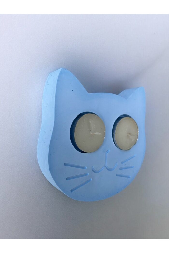 Mavi Kedi Şekilli Beton Mumluk - El Yapımı Dekoratif Çay Işığı tealight Mumluk - Minimalist Kedi Te - Görsel 8