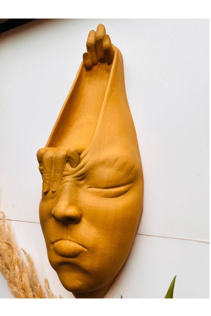 Soyut 3D Yüz Heykeli – Modern Duvar Sanatı | El Yapımı Dekoratif Mask | 48x18 cm Heykel Duvar Dekor - Görsel 4