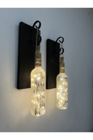 Siyah Ahşap Dekorlu Ferforje Bağlantılı Peri Led Buzlu Cam Şarap Şişesi Aplik Set