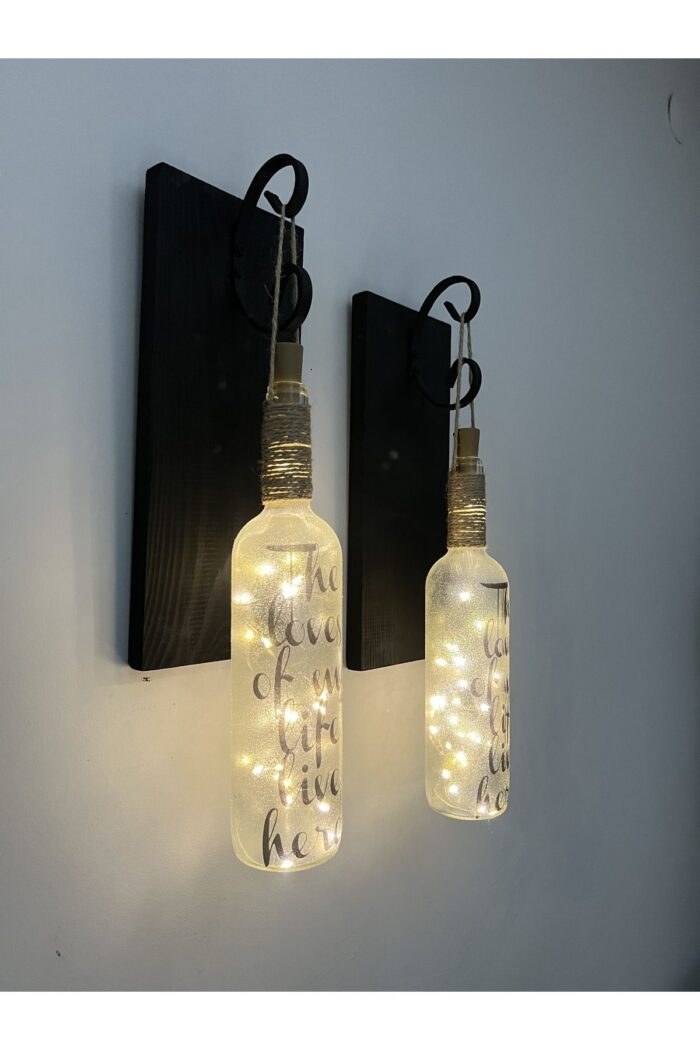 Siyah Ahşap Dekorlu Ferforje Bağlantılı Peri Led Buzlu Cam Şarap Şişesi Aplik Set - Görsel 1