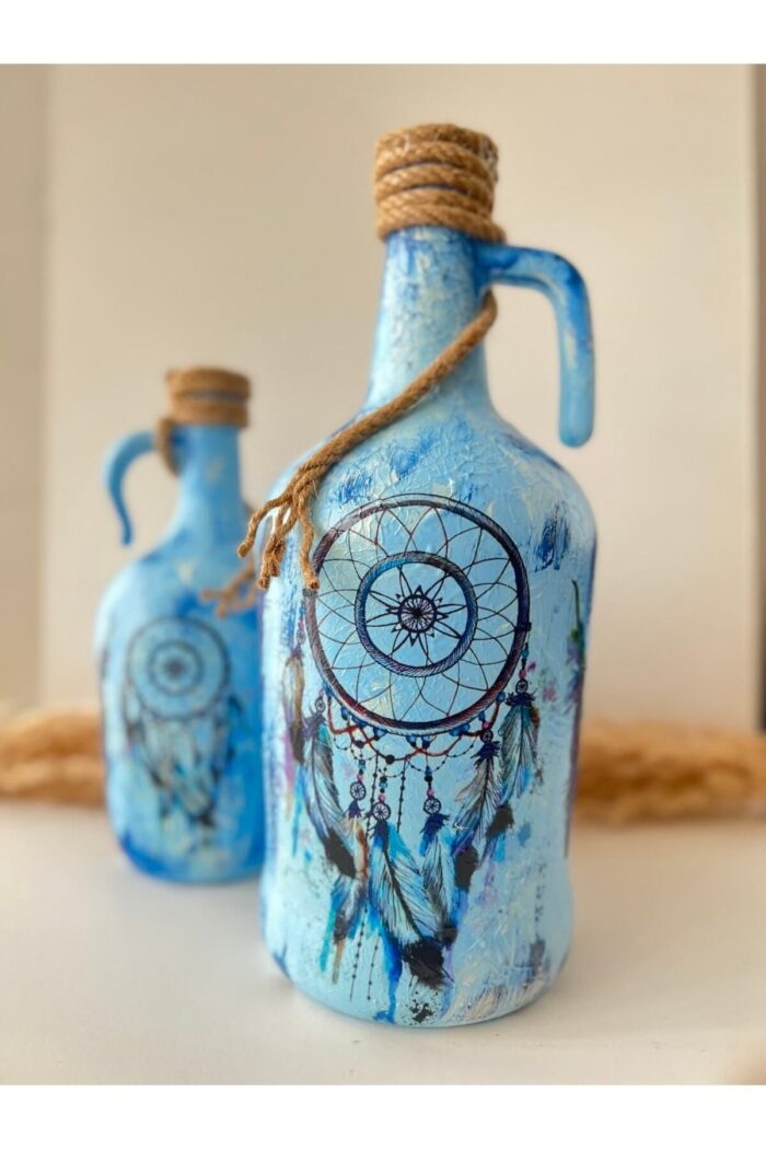 Dreamcatcher Düşkapanı Özel Pigment Boyalı Mavi Dekoratif Damacana Şişeler 2'li Set - Görsel 7