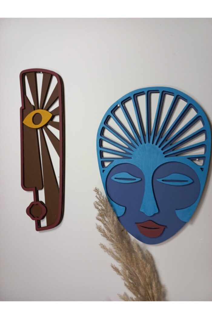 Ahşap Boyama Afrika Mask 2'li Duvar Süsü - Görsel 1