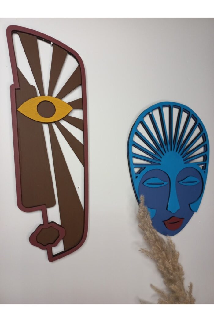 Ahşap Boyama Afrika Mask 2'li Duvar Süsü - Görsel 2