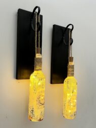 Led Işıklı Siyah Renkli Buzlu Eskitme Cam Salon Bar Bahçe Dekoru Şarap Şişesi Duvar Aplik 2'li Set