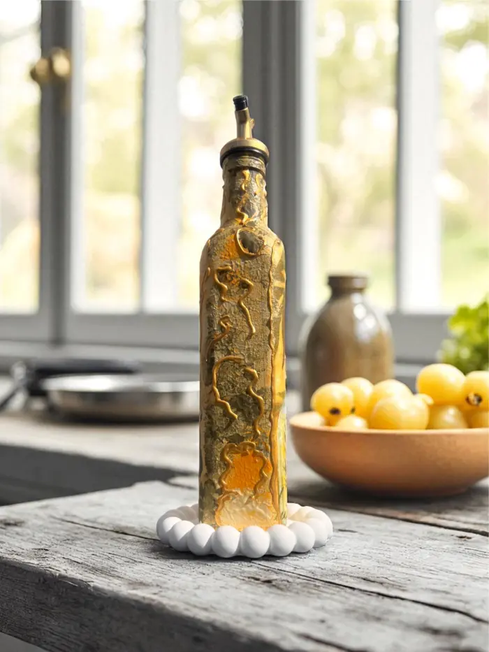 El Yapımı Zeytinyağı Desenli Cam Yağdanlık – El Boyaması Vintage Şişe | Sosluk, Sirkelik, Dekoratif Mutfak Aksesuarı 500ml - Görsel 2