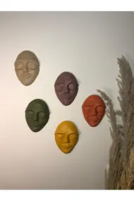 El Yapımı Duvar Maskları 5'li Set, Canlı Renklerle Boyalı Sakin Yüz Maskeleri, Duvar Dekor Objesi
