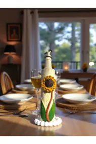 500 ml El Yapımı Orta boy Ayçiçek Desenli Cam Yağdanlık – Çatlatma Dokulu, Kabartma Kil Uygulamalı - Görsel 3