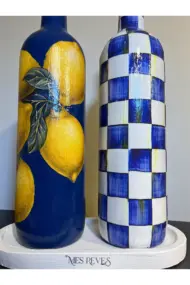 750 ML El Yapımı Mavi Limon ve Dama Desenli 2’li Cam Yağdanlık Seti – Gold Başlıklı Dekoratif Tarz - Görsel 6