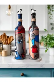 Modern Tasarımlı Soyut Yüz Desenli Renkli 750 ml Zeytinyağı Sıvıyağ Şişesi Yağdanlık Yağlık 2'li Set - Görsel 8