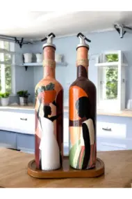 Afrika Kadın Temalı El Yapımı 750 ml Zeytinyağı Sıvıyağ Şişesi Yağdanlık Yağlık 2'li Set