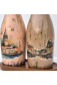 İstanbul Manzarası Desenli Sunum Stantlı 2'li 750 ml Zeytinyağı Sıvıyağ Şişesi Yağdanlık Yağlık - Görsel 6