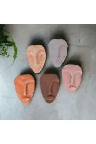 El Yapımı Taş Heykel Soyut Yüz Maske 5'li Set, Modern Eskitme Soyut Duvar Dekoru - Görsel 2