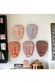 El Yapımı Taş Heykel Soyut Yüz Maske 5'li Set, Modern Eskitme Soyut Duvar Dekoru - Görsel 3