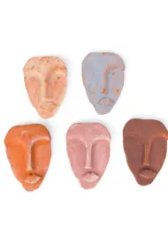 El Yapımı Taş Heykel Soyut Yüz Maske 5'li Set, Modern Eskitme Soyut Duvar Dekoru - Görsel 8