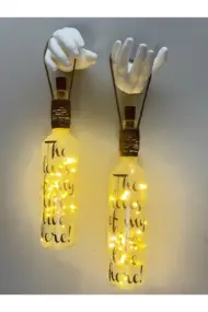 El Heykel Dekorlu Buzlu Cam Şarap Şişesi Pilli Tıpa Peri Led Işıklı Aplik 2'li Set, duvar dekoru - Görsel 3