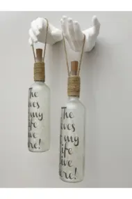 El Heykel Dekorlu Buzlu Cam Şarap Şişesi Pilli Tıpa Peri Led Işıklı Aplik 2'li Set, duvar dekoru - Görsel 5