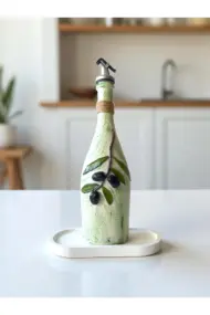 El yapımı Kabartma Kil Uygulamalı Zeytin Dalı Desenli Cam Şişe Sirkelik-Yağdanlık, Mutfak dekor