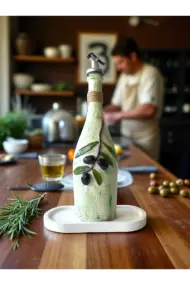 El yapımı Kabartma Kil Uygulamalı Zeytin Dalı Desenli Cam Şişe Sirkelik-Yağdanlık, Mutfak dekor - Görsel 2