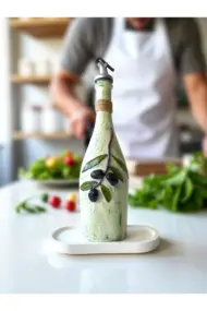 El yapımı Kabartma Kil Uygulamalı Zeytin Dalı Desenli Cam Şişe Sirkelik-Yağdanlık, Mutfak dekor - Görsel 3