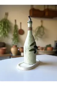 El yapımı Kabartma Kil Uygulamalı Zeytin Dalı Desenli Cam Şişe Sirkelik-Yağdanlık, Mutfak dekor - Görsel 4