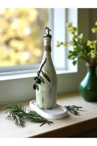 El yapımı Kabartma Kil Uygulamalı Zeytin Dalı Desenli Cam Şişe Sirkelik-Yağdanlık, Mutfak dekor - Görsel 5