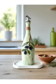 El yapımı Kabartma Kil Uygulamalı Zeytin Dalı Desenli Cam Şişe Sirkelik-Yağdanlık, Mutfak dekor - Görsel 8