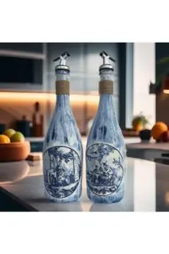 Beyaz Sunum Stantlı Çini Desenli Mavi Japon İzleri Şarap Şişesi Yağdanlık Seti Mutfak Dekoru - Görsel 2