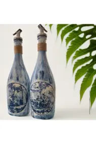 Beyaz Sunum Stantlı Çini Desenli Mavi Japon İzleri Şarap Şişesi Yağdanlık Seti Mutfak Dekoru - Görsel 5