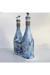 Beyaz Sunum Stantlı Çini Desenli Mavi Japon İzleri Şarap Şişesi Yağdanlık Seti Mutfak Dekoru - Görsel 8