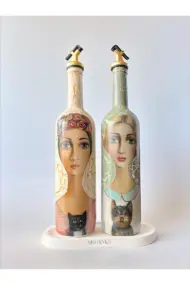 El Yapımı Çatlatma Desenli Cam Yağdanlık Seti – Kadın ve Evcil Hayvan Portreli, Mutfak Tasarım