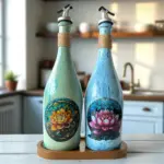 Özel Tasarım Lotus Çiçeği Desenli Sunum Stantlı 2'li 750 ml Zeytinyağı Sıvıyağ Şişesi Yağdanlık