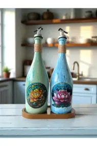 Özel Tasarım Lotus Çiçeği Desenli Sunum Stantlı 2'li 750 ml Zeytinyağı Sıvıyağ Şişesi Yağdanlık