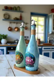 Özel Tasarım Lotus Çiçeği Desenli Sunum Stantlı 2'li 750 ml Zeytinyağı Sıvıyağ Şişesi Yağdanlık - Görsel 2