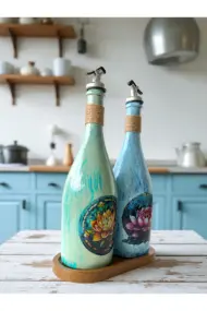 Özel Tasarım Lotus Çiçeği Desenli Sunum Stantlı 2'li 750 ml Zeytinyağı Sıvıyağ Şişesi Yağdanlık - Görsel 3