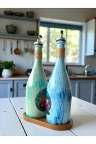 Özel Tasarım Lotus Çiçeği Desenli Sunum Stantlı 2'li 750 ml Zeytinyağı Sıvıyağ Şişesi Yağdanlık - Görsel 4