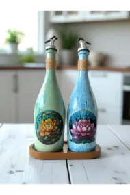 Özel Tasarım Lotus Çiçeği Desenli Sunum Stantlı 2'li 750 ml Zeytinyağı Sıvıyağ Şişesi Yağdanlık - Görsel 5