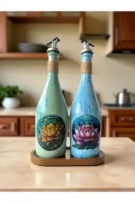 Özel Tasarım Lotus Çiçeği Desenli Sunum Stantlı 2'li 750 ml Zeytinyağı Sıvıyağ Şişesi Yağdanlık - Görsel 6