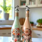 Özel Tasarım Düşkapanı Desenli Sunum Stantlı 2'li 750 ml Zeytinyağı Sıvıyağ Şişesi Yağdanlık Yağlık