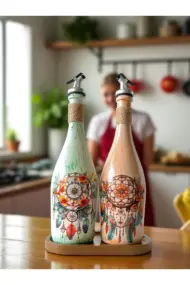 Özel Tasarım Düşkapanı Desenli Sunum Stantlı 2'li 750 ml Zeytinyağı Sıvıyağ Şişesi Yağdanlık Yağlık - Görsel 3