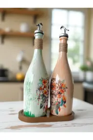 Özel Tasarım Düşkapanı Desenli Sunum Stantlı 2'li 750 ml Zeytinyağı Sıvıyağ Şişesi Yağdanlık Yağlık - Görsel 6