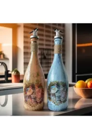 Özel Tasarım Desenli Sunum Stantlı 2'li 750 ml Zeytinyağı Sıvıyağ Şişesi Yağdanlık Yağlık